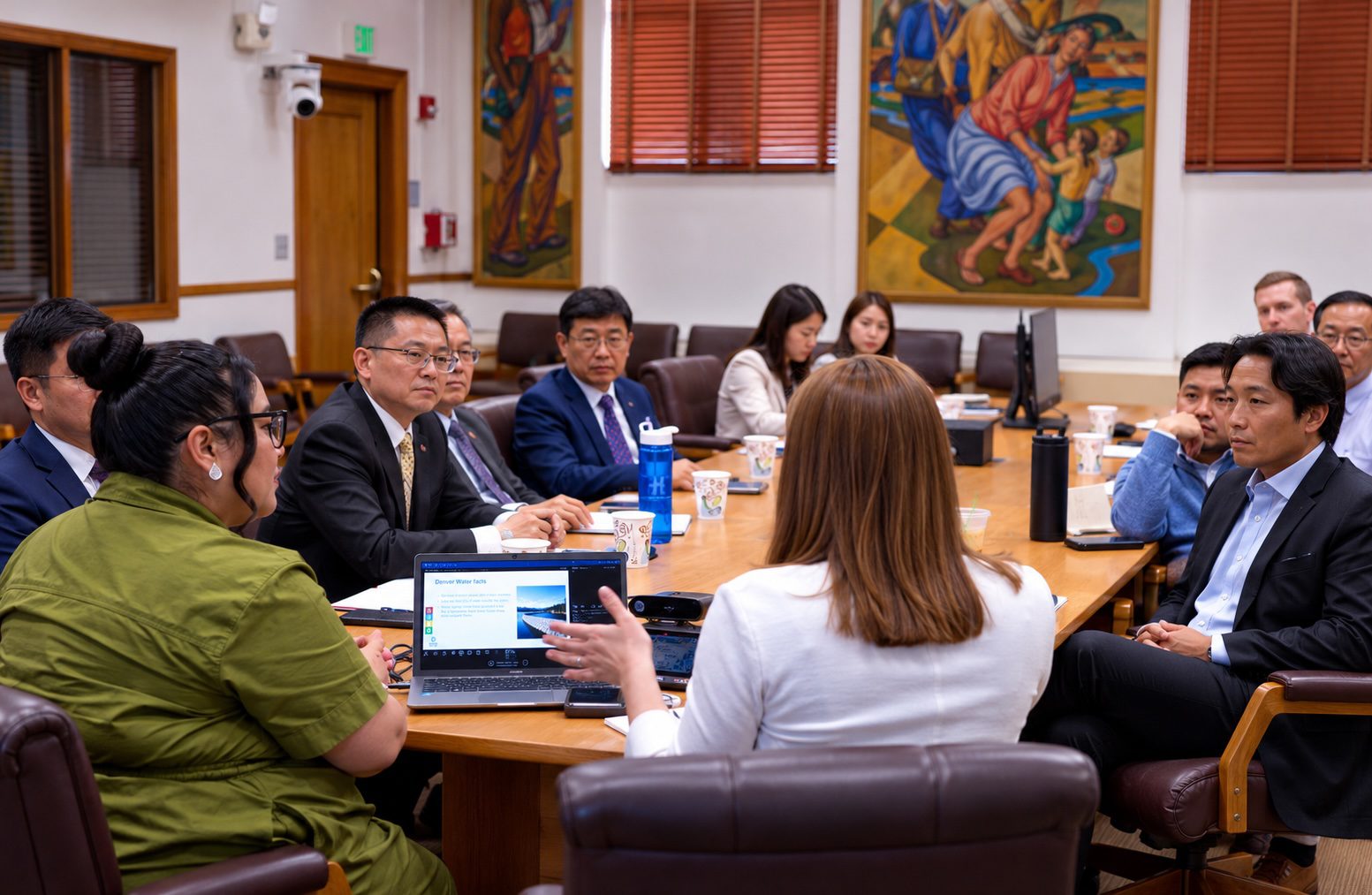 International delegation participating in a civic exchange meeting in Denver